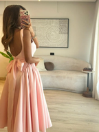 Cute A Line Straps Pink Satin Tea Length Prom Dress With Bow