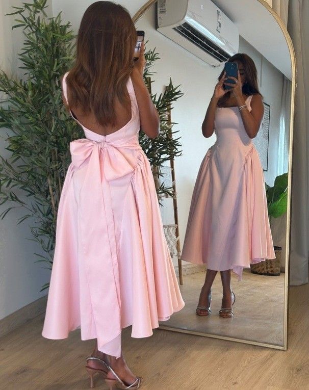 Cute A Line Straps Pink Satin Tea Length Prom Dress With Bow