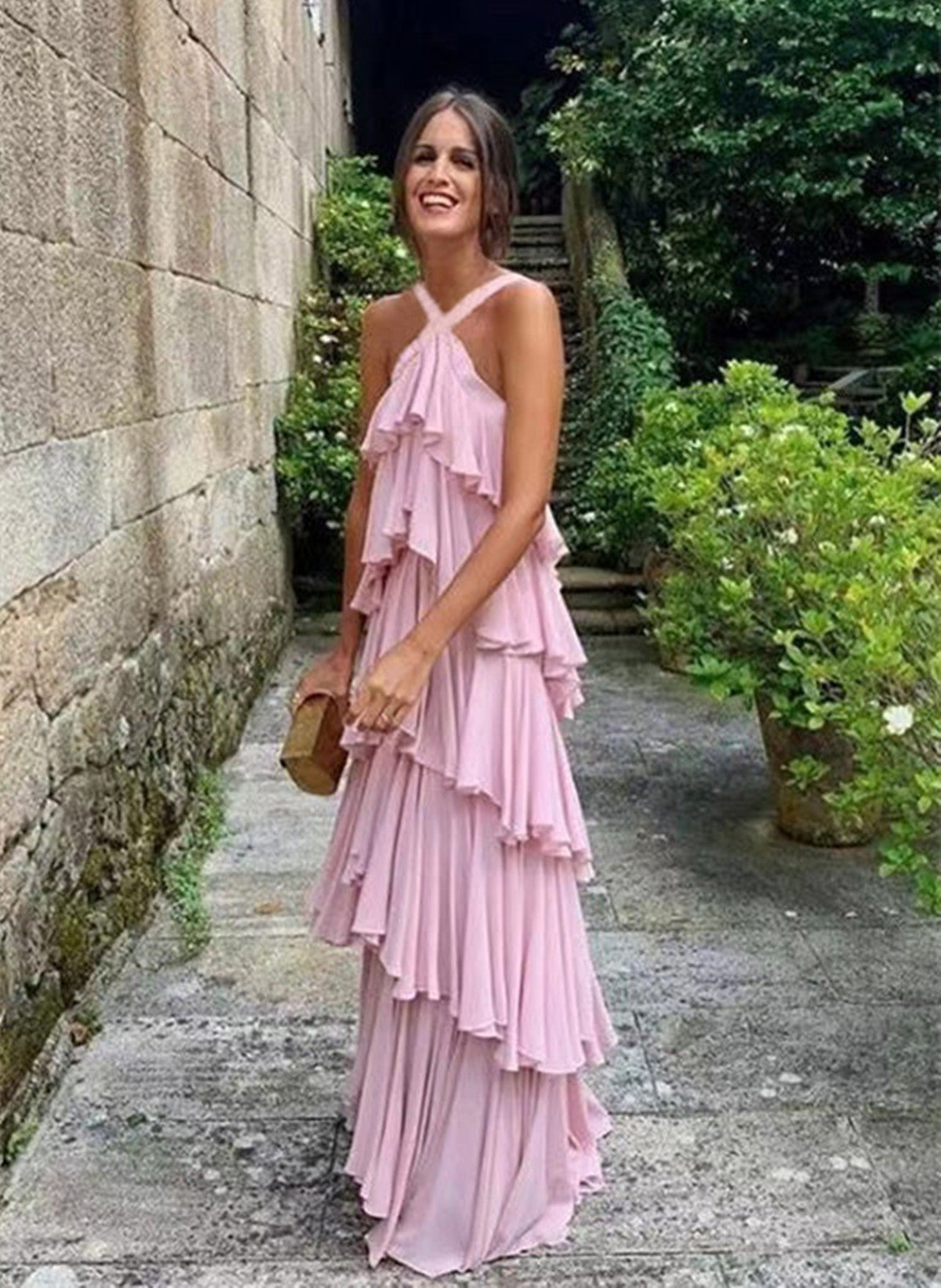 Cute A Line Straps Tiered Chiffon Long Prom Dress, Pink Bridesmaid Dress Main image