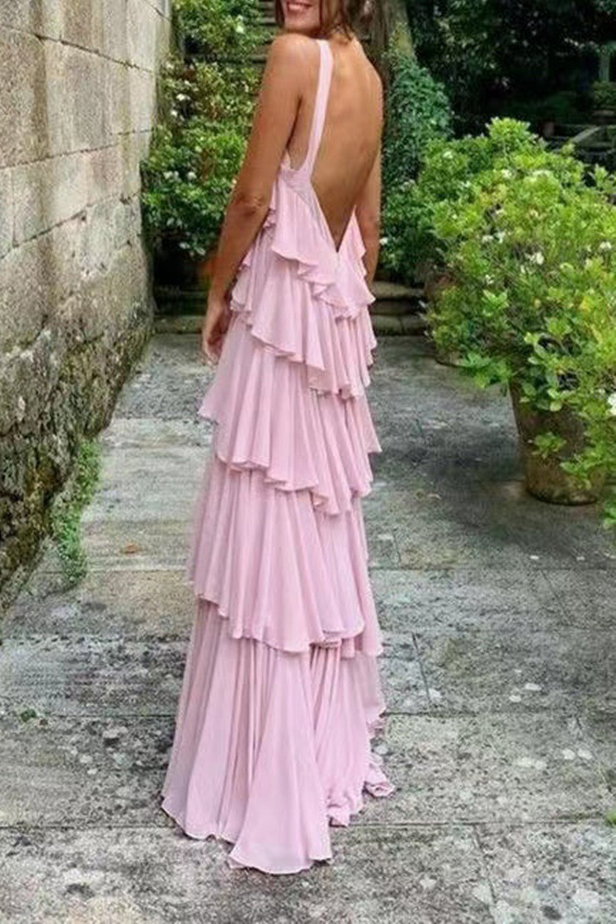 Cute A Line Straps Tiered Chiffon Long Prom Dress, Pink Bridesmaid Dress Secondary image