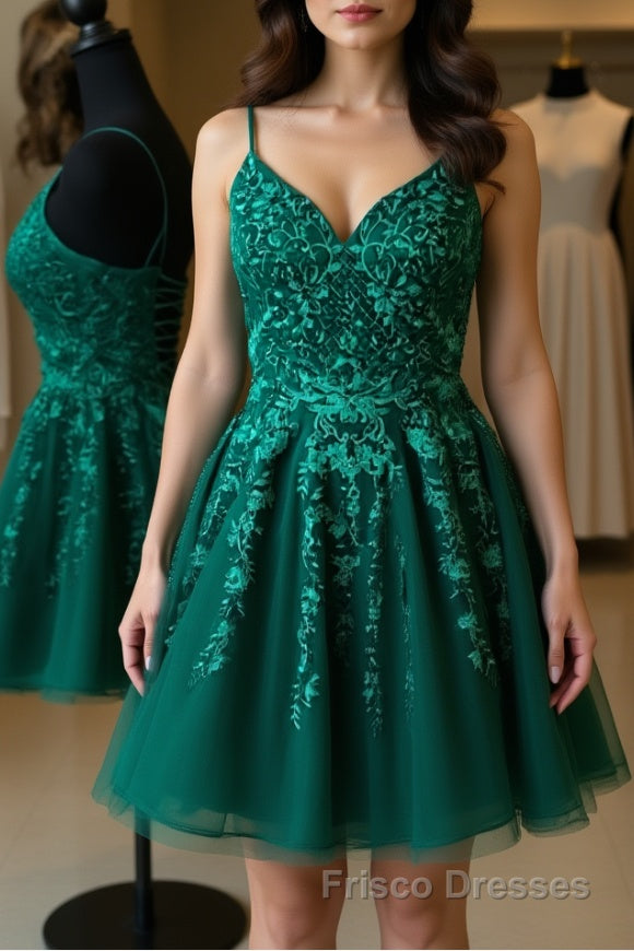 Cute A Line V Neck Backless Green Lace Formal Prom Dresses, Short Backless Green Lace Formal Graduation Homecoming Dresses Main image