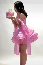 Cute Ball Gown Off The Shoulder Pink Chiffon Mini Short Formal 8Th Grade Homecoming Dresses Summer Middle School Hoco Dress Homecoming Outfits Birthday Outfit