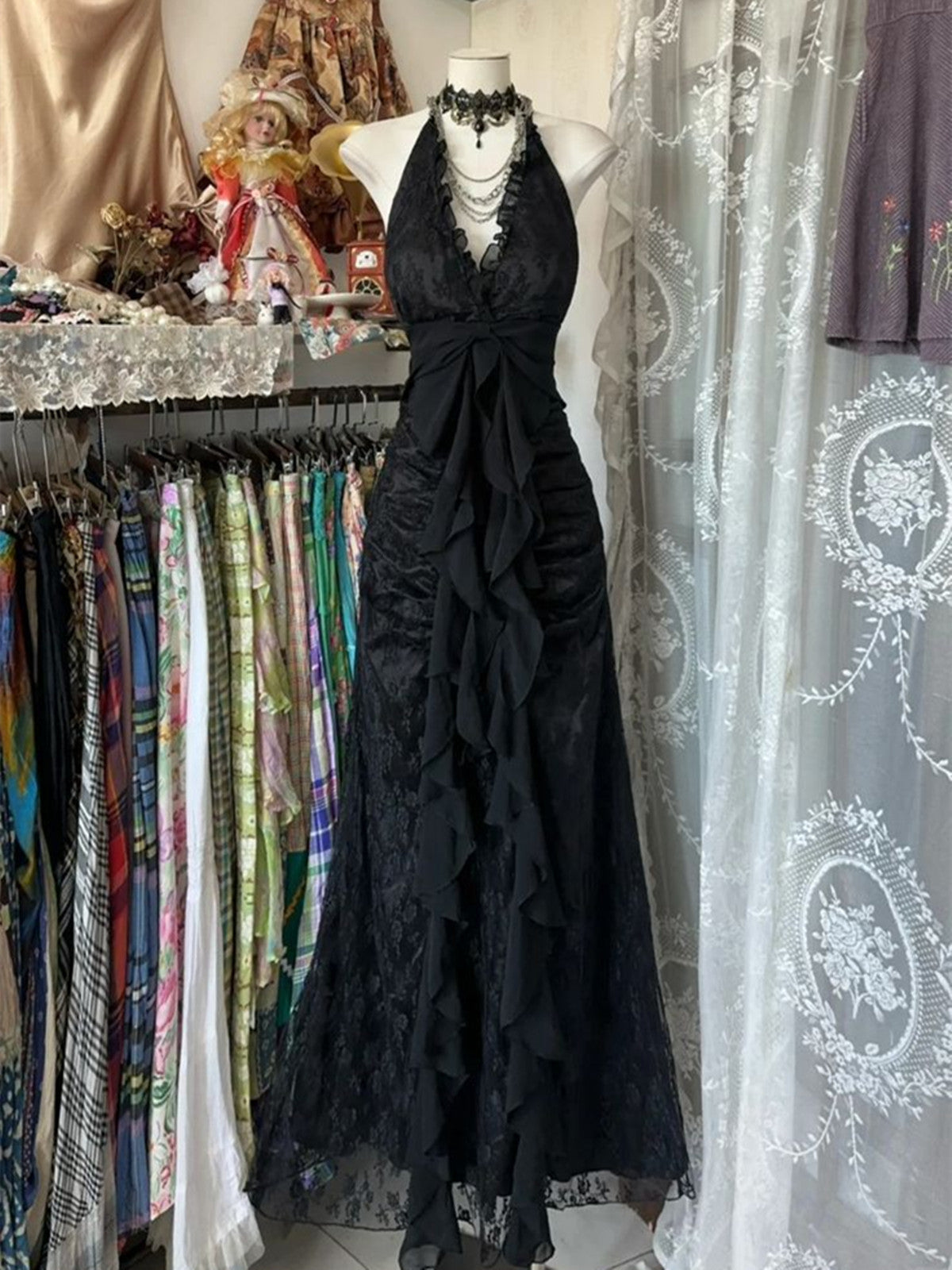 Cute Black Lace V-Neckline A-Line Halter Party Dress, Black Charming Style Prom Dress Main image