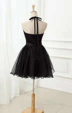 Cute Black Tulle Halter Short Homecoming Dress, Black Formal Prom Dress
