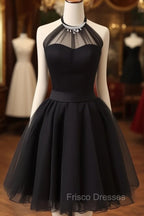Cute Black Tulle Halter Short Homecoming Dress, Black Formal Prom Dress