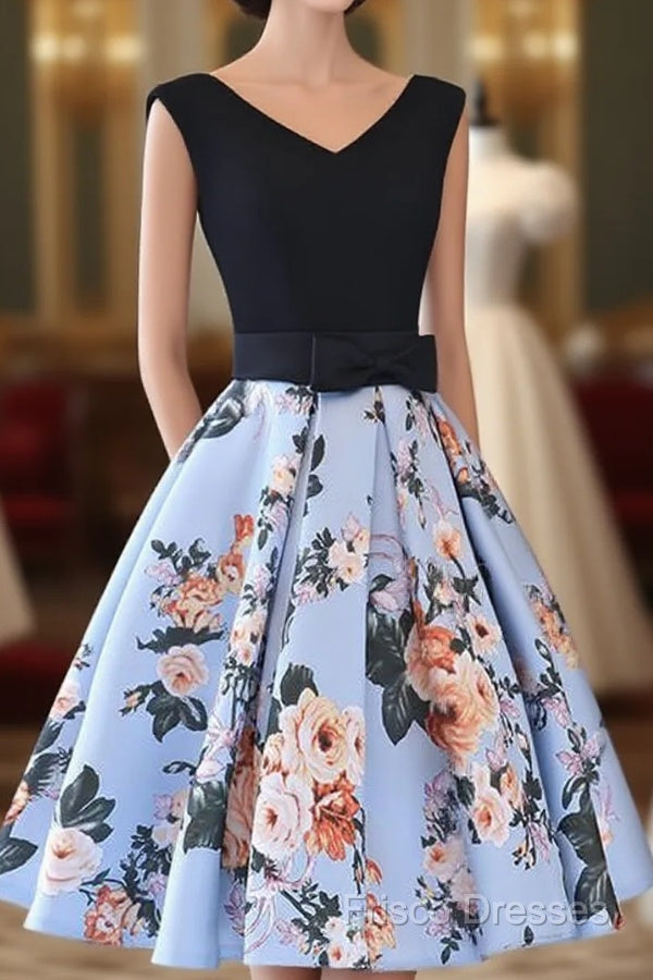 Cute Blue Floral And Black Satin Homecoming Dress In Stock, Lovely Party Dress For Teens Main image