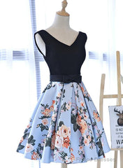 Cute Blue Floral And Black Satin Homecoming Dresses In Stock, Lovely Party Dresses For Teens