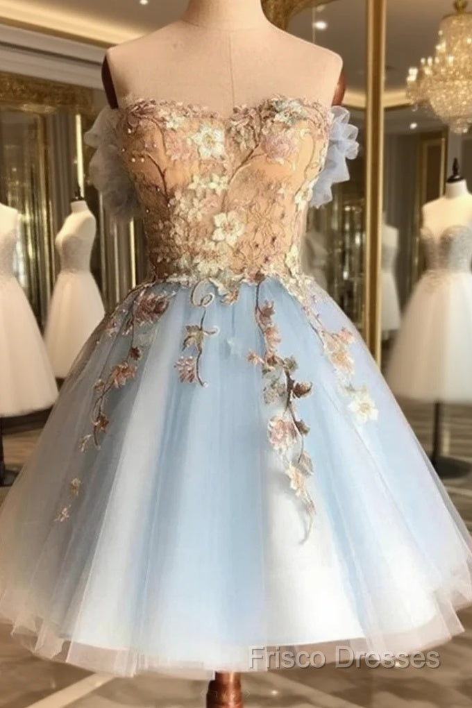 Cute Blue Lace Applique Top Off Shoulder Party Dress, Blue Homecoming Dress Main image