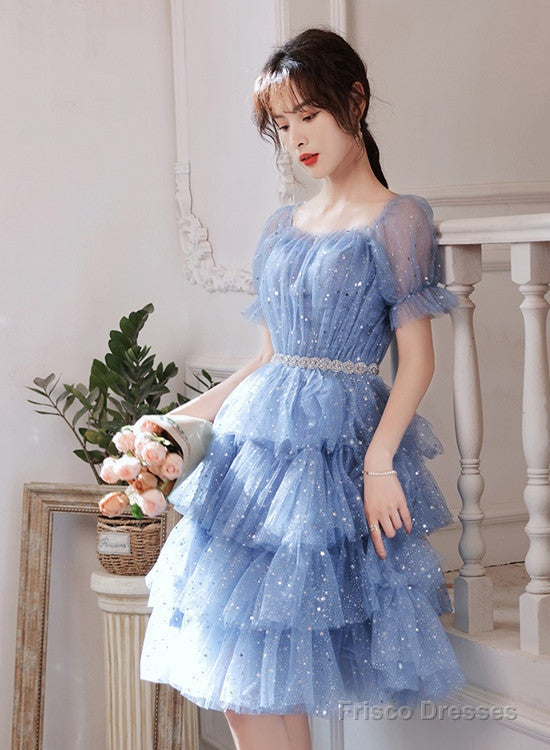 Cute Blue Layers Shiny Tulle Short Sleeves Party Dress, Blue Homecoming Dresses Main image