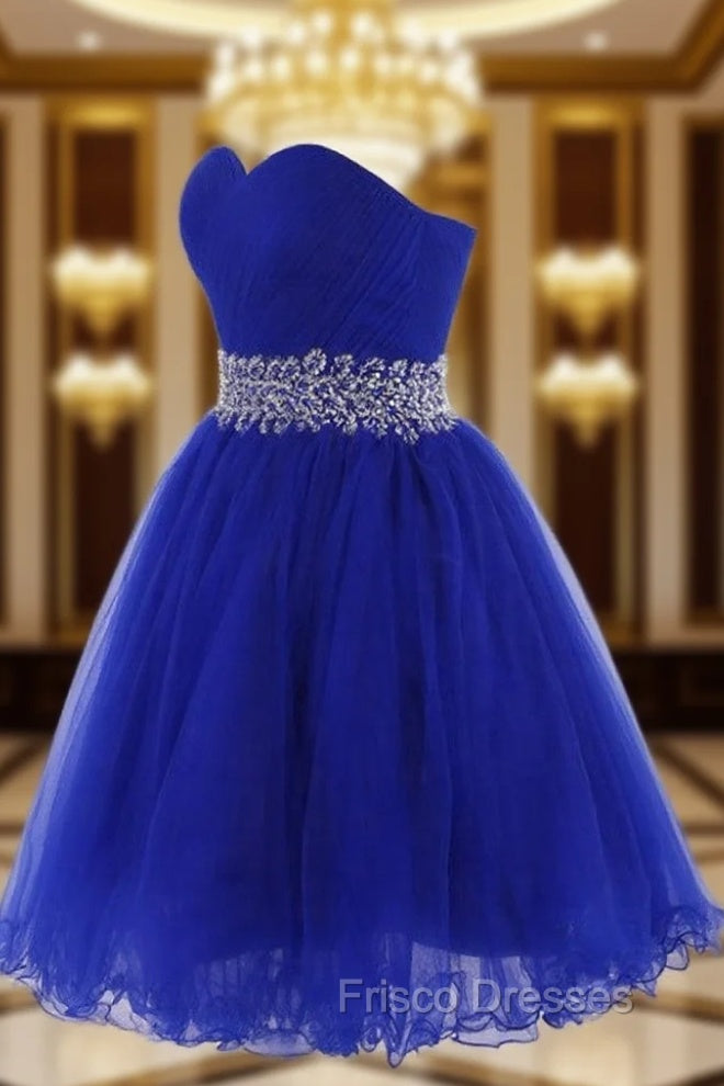 Cute Blue Sweetheart Tulle Cocktail Dress Homecoming Dress With Beading, Short Formal Prom Dress