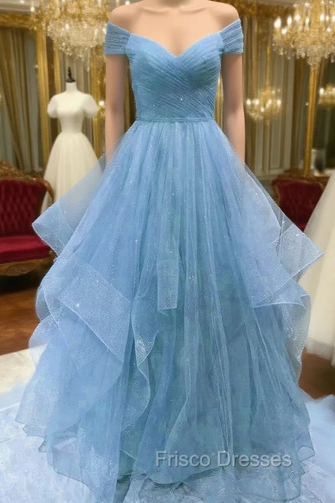 Cute Blue Tulle Sweetheart Layers Long Formal Dress, Blue Evening Gown Formal Prom Dress