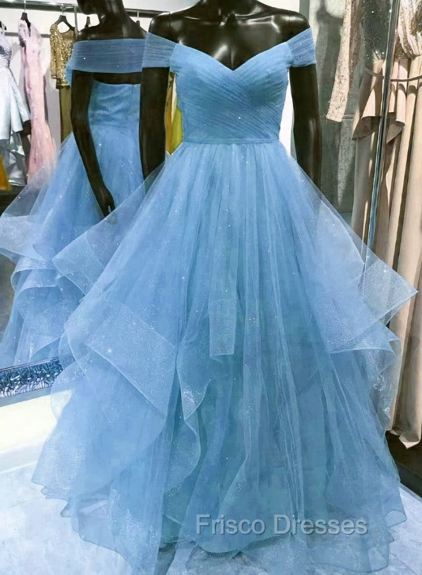 Cute Blue Tulle Sweetheart Layers Long Formal Dress, Blue Evening Gown Formal Prom Dress