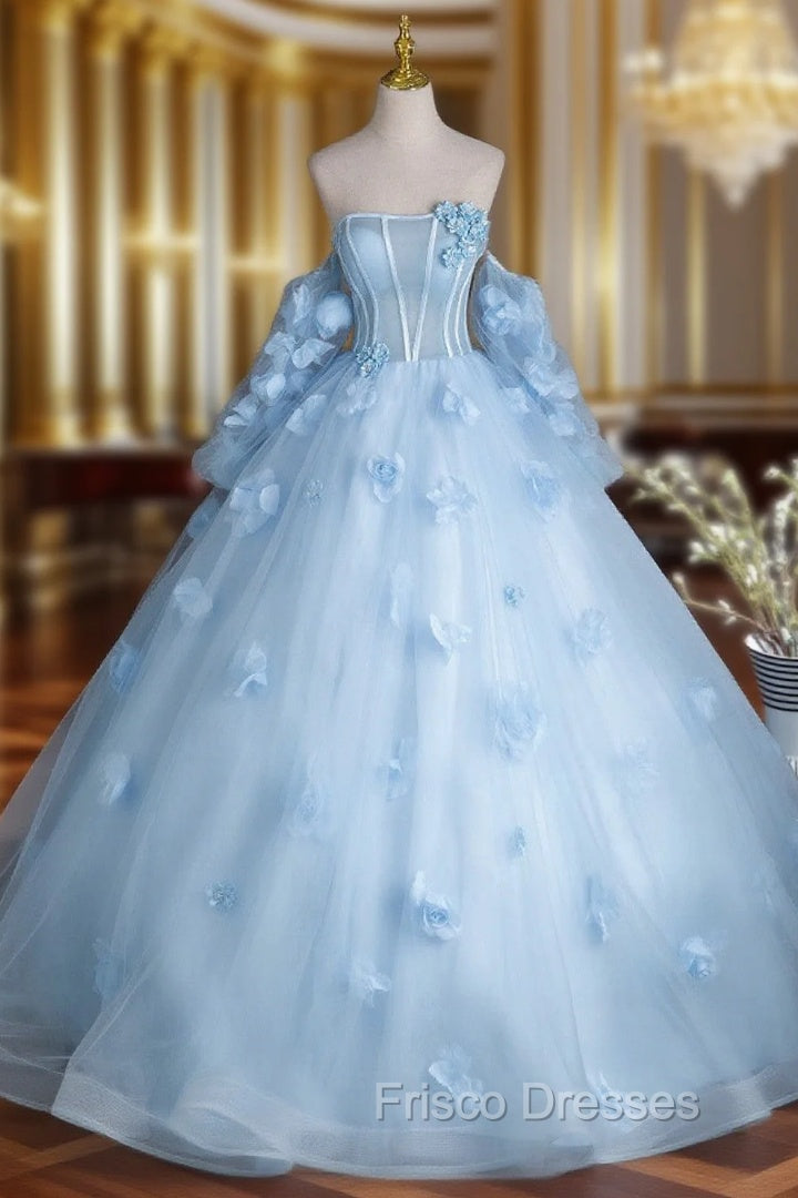Cute Blue Tulle With Flowers Long Formal Dress, Blue Evening Gown Sweet 16 Dress Main image