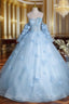 Cute Blue Tulle With Flowers Long Formal Dress, Blue Evening Gown Sweet 16 Dress