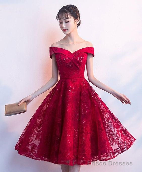 Cute Burgundy Homecoming Dress, Off Shoulder Bridesmaid Dress