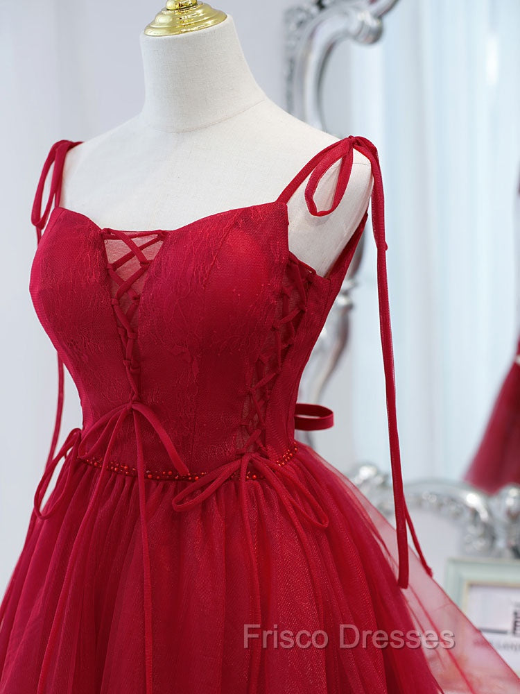 Cute Burgundy Tulle Lace Short Formal Prom Dress, Lace Burgundy Puffy Homecoming Dress