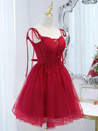 Cute Burgundy Tulle Lace Short Formal Prom Dress, Lace Burgundy Puffy Homecoming Dress