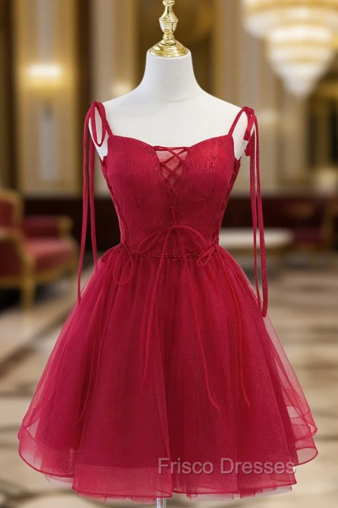 Cute Burgundy Tulle Lace Short Formal Prom Dress, Lace Burgundy Puffy Homecoming Dress Main image