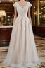 Cute Cap Sleeve V-neck Lace Tulle Wedding Dress