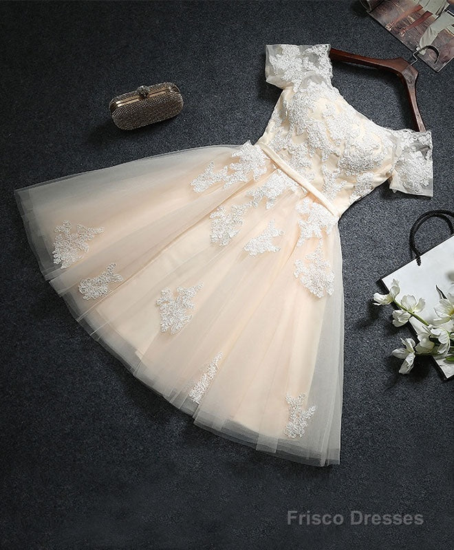Cute Champagne Lace Short Prom Dress, Homecoming Dress Main image