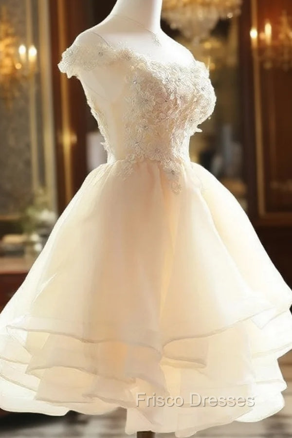 Cute Champagne Organza Layers Knee Length Homecoming Dress with Lace, Short Formal Prom Dress Secondary image