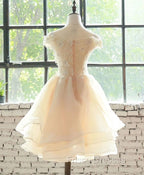 Cute Champagne Organza Layers Knee Length Homecoming Dress with Lace, Short Formal Prom Dress
