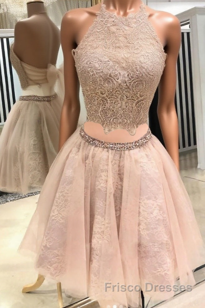Cute champagne tulle lace short Formal Prom Dresses, homecoming Dresses