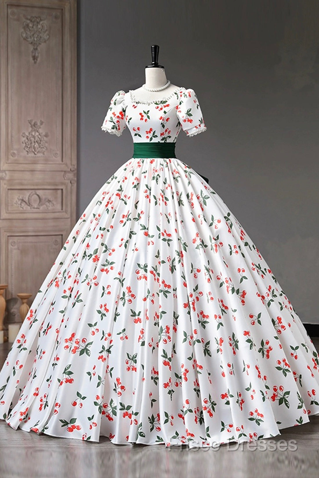 Cute Cherry Pattern Long Princess Formal Prom Dress, White A-Line Formal Party Dress