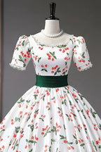 Cute Cherry Pattern Long Princess Formal Prom Dress, White A-Line Formal Party Dress