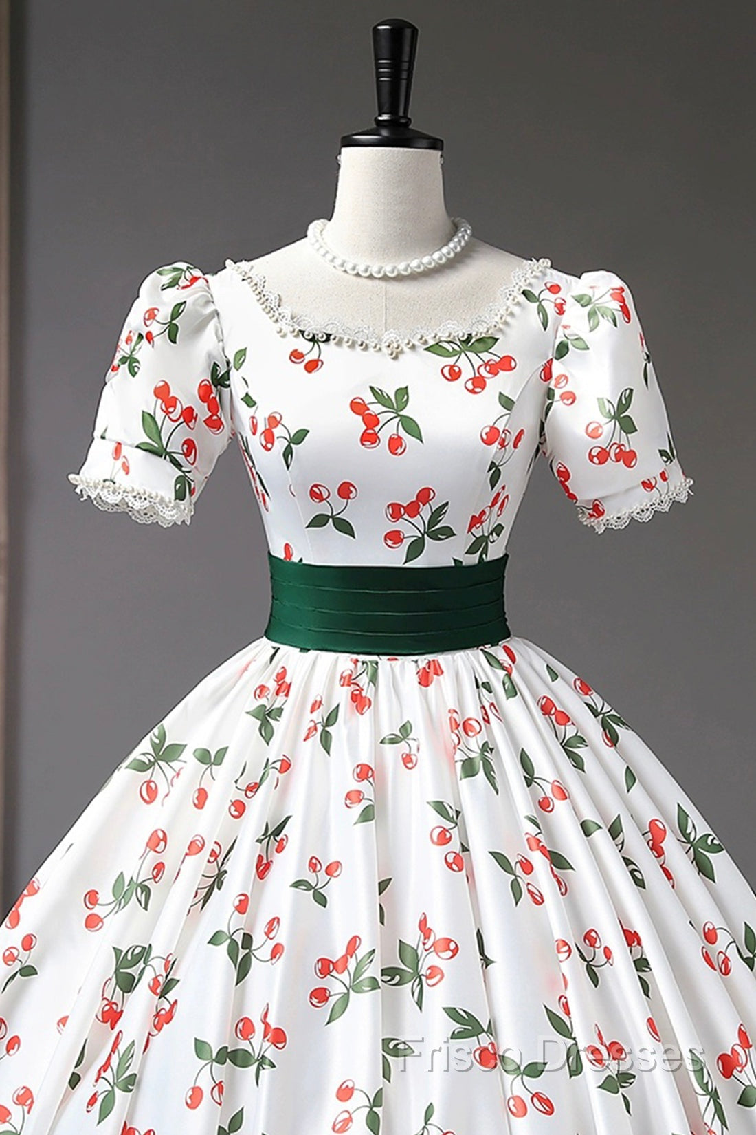 Cute Cherry Pattern Long Princess Formal Prom Dress, White A-Line Formal Party Dress