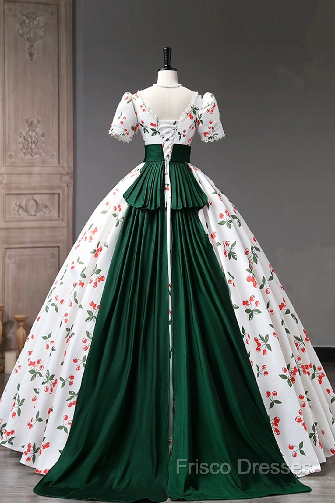 Cute Cherry Pattern Long Princess Formal Prom Dress, White A-Line Formal Party Dress