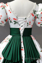 Cute Cherry Pattern Long Princess Formal Prom Dress, White A-Line Formal Party Dress