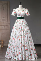 Cute Cherry Pattern Long Princess Formal Prom Dress, White A-Line Formal Party Dress