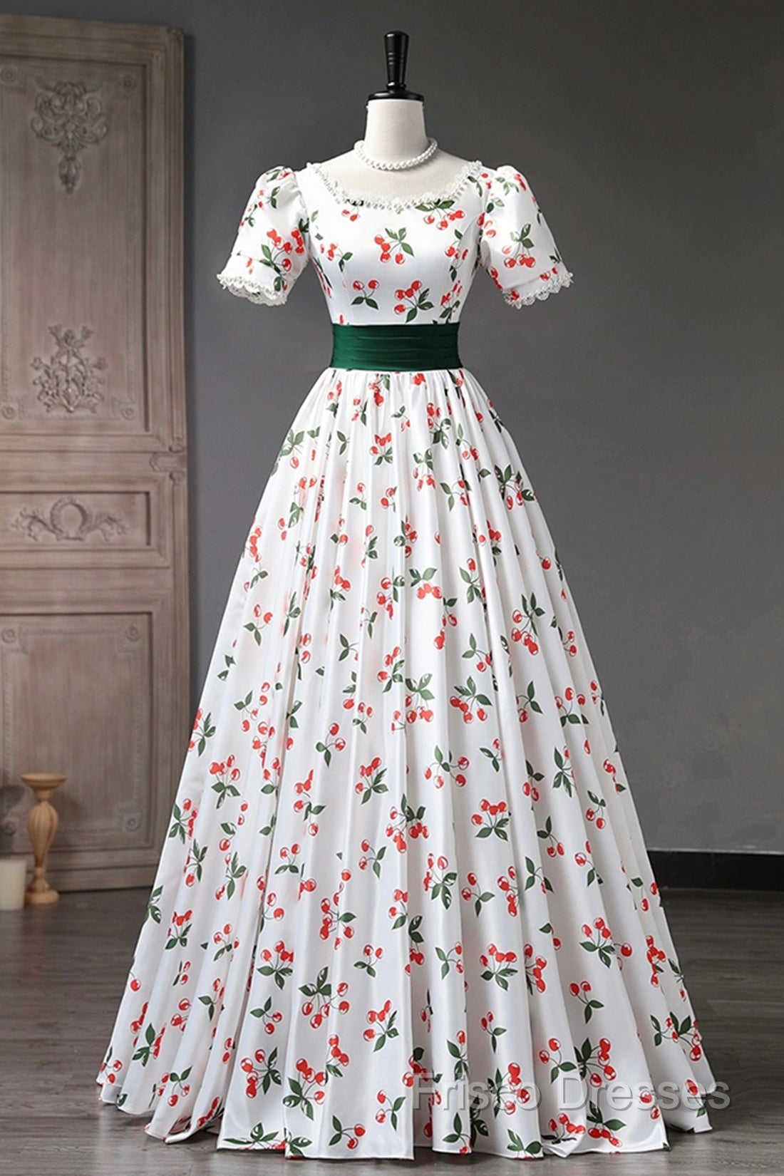 Cute Cherry Pattern Long Princess Formal Prom Dress, White A-Line Formal Party Dress