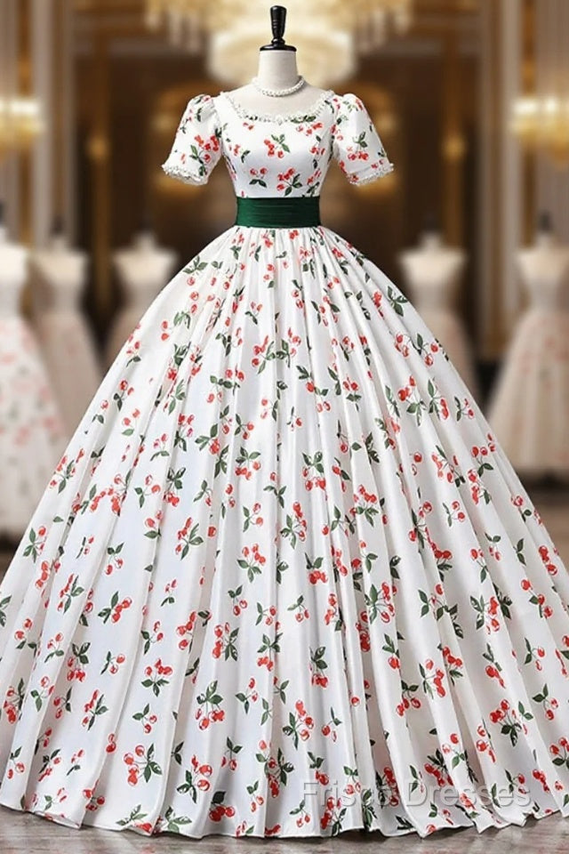 Cute Cherry Pattern Long Princess Formal Prom Dress, White A-Line Formal Party Dress Main image