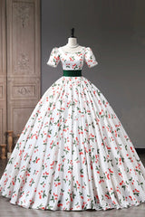 Cute Cherry Pattern Long Princess Prom Dress, White A-Line Evening Party Dress