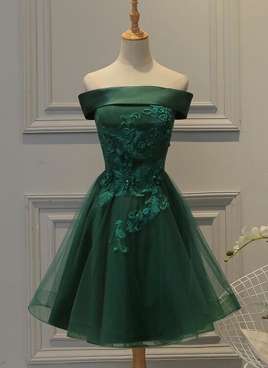 Cute Dark Green Off Shoulder Short Party Dress, Tulle Homecoming Dress Main image
