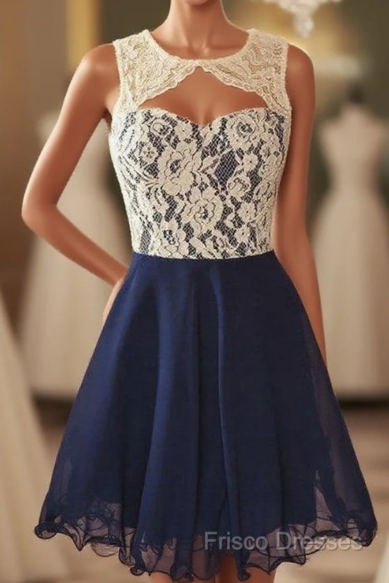 Cute Dark Navy Homecoming Dress Lace Open Back Short Formal Dress