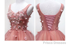 Cute Dark Pearl Pink Knee Length V-Neckline Flower Homecoming Dress, New Party Dresses