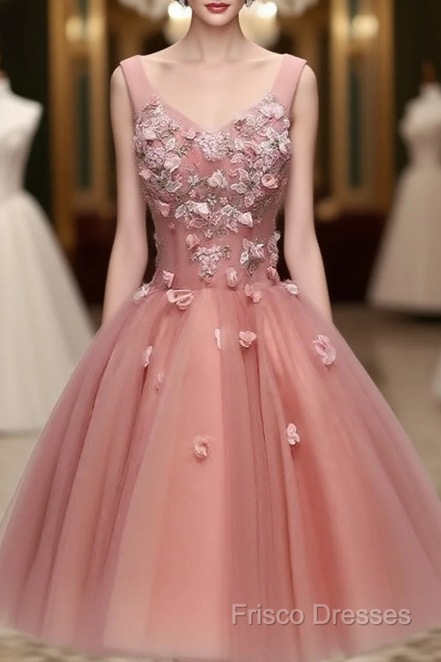 Cute Dark Pearl Pink Knee Length V-Neckline Flower Homecoming Dress, New Party Dress Main image