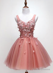 Cute Dark Pearl Pink Knee Length V-Neckline Flower Homecoming Dress, New Party Dresses