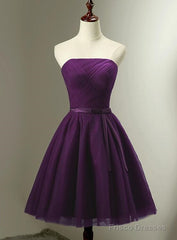 Cute Dark Purple Tulle Short Bridesmaid Dress, Tulle Party Dress, Short Formal Dress