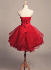 Cute Dark Red Tulle And Lace High Low Homecoming Dress, Short Party Dress