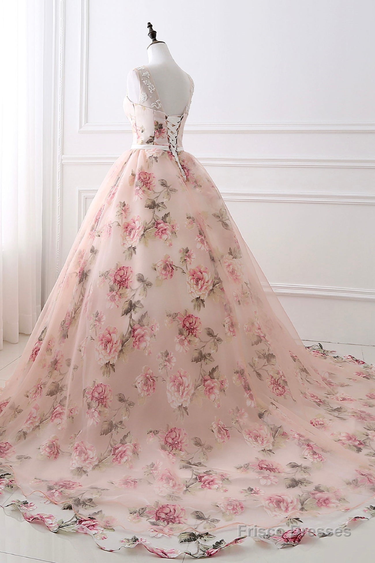 Cute Floral Long Prom Dress with Lace,  A-Line Scoop Neckline Party Dress Main image