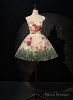 Cute Flowers Round Neckline Light Champagne Party Dress, Short Cute Prom Dress