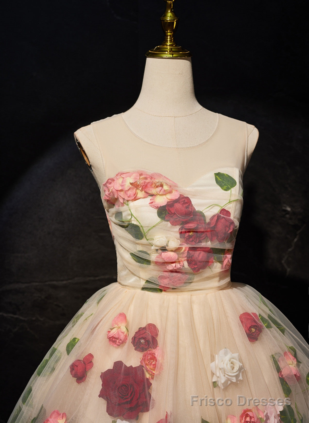 Cute Flowers Round Neckline Light Champagne Party Dress, Short Cute Prom Dress