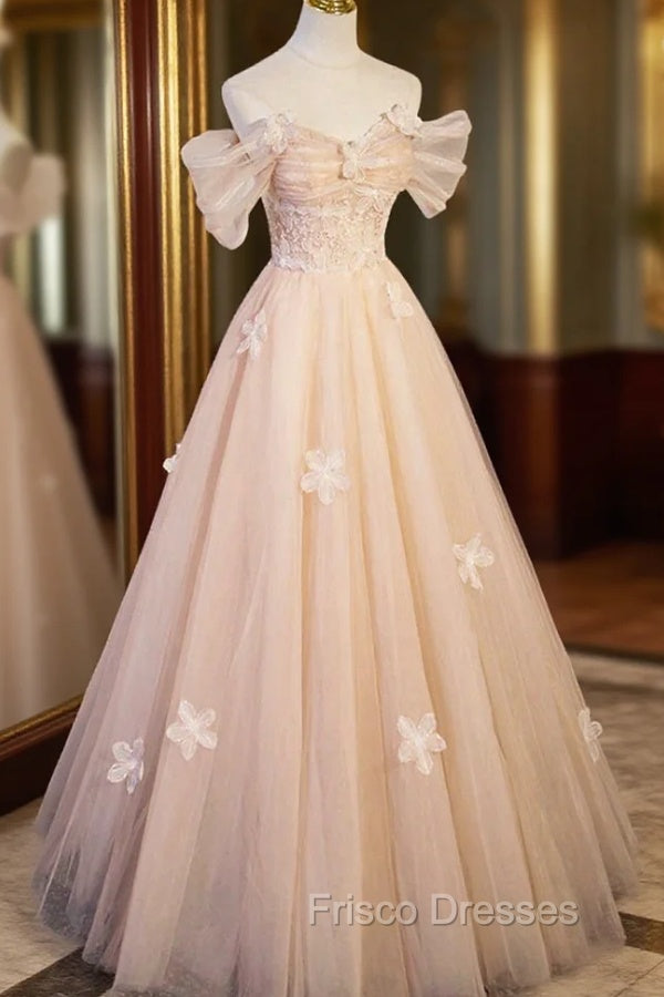 Cute Flowers Tulle Long Formal Dress, Off Shoulder Evening Dress Frisco Dresses Cute Flowers Tulle Long Formal Dress, Off Shoulder Evening Dress Frisco Dresses