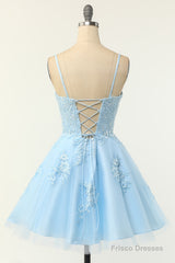 Cute Glitter Blue Homecoming Dresses A Line Sequins Short Prom Dresses with Appliques