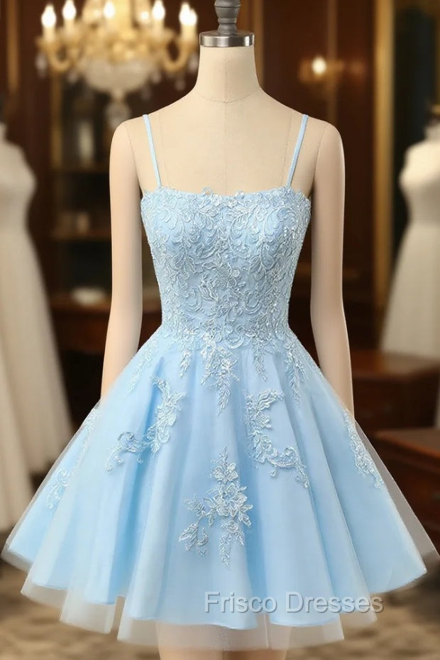 Cute Glitter Blue Homecoming Dress A Line Sequins Short Formal Prom Dress with Appliques Main image