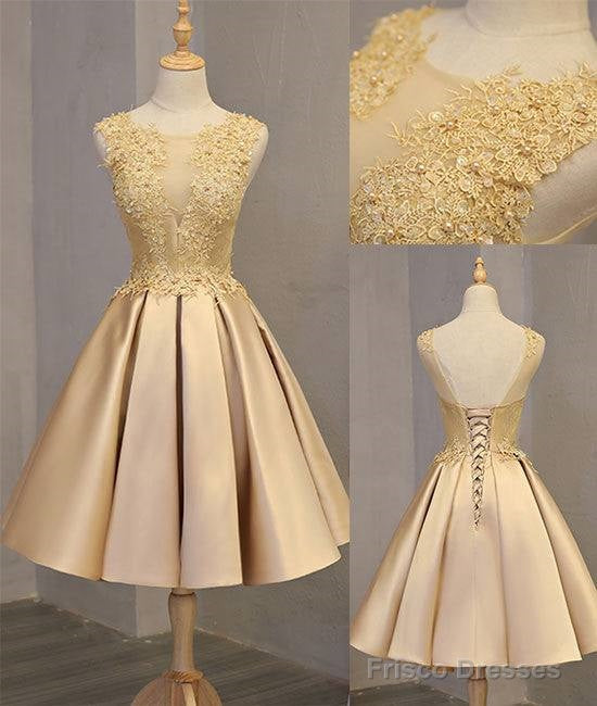 Cute Gold Lace Short Prom Dress, Cute Gold Homecoming Dress Main image